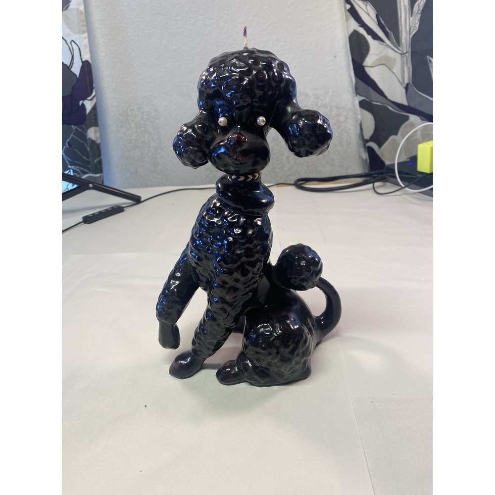 Wax Black Poodle Candle 10" 1950s Bead Pearl Eyes Rare Vintage Form Mold